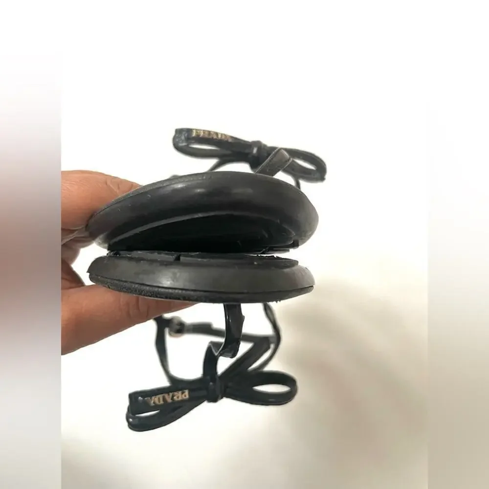 Prada Black Patent leather bow tie logo embellished T strap flat sandals EU 39.5 - Picture 8 of 13